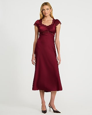 Lace Trim Satin Puff Sleeve Midi Dress