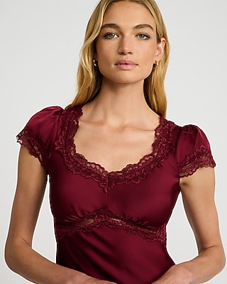 Lace Trim Satin Puff Sleeve Midi Dress