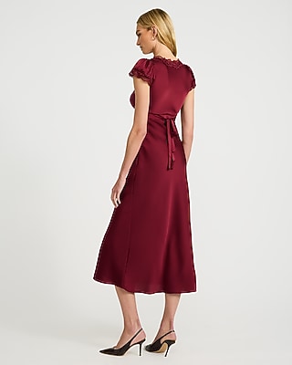 Lace Trim Satin Puff Sleeve Midi Dress