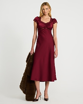 Lace Trim Satin Puff Sleeve Midi Dress