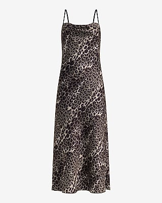 Leopard Satin Cowl Neck Lace Midi Slip Dress