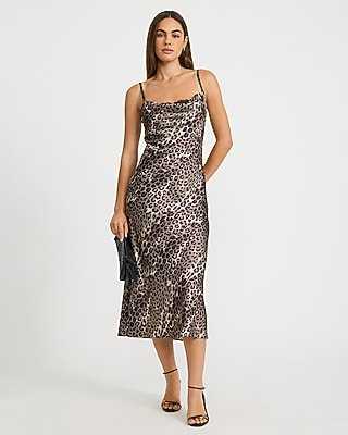 Leopard Satin Cowl Neck Lace Midi Slip Dress