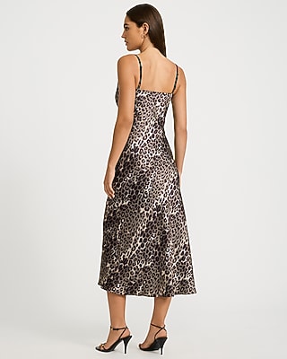 Leopard Satin Cowl Neck Lace Midi Slip Dress
