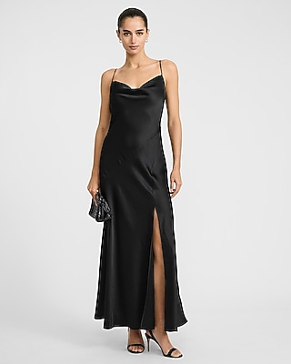 Satin Cowl Neck Sleeveless Slit Maxi Slip Dress