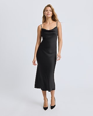 Satin Cowl Neck Lace Maxi Slip Dress