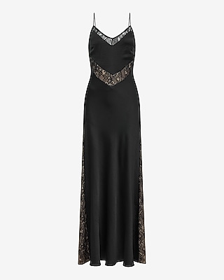 Satin V-Neck Sleeveless Lace Pieced Maxi Slip Dress