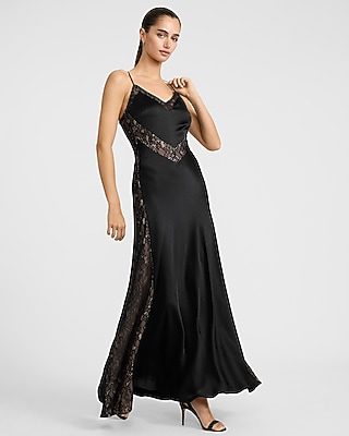 Satin V-Neck Sleeveless Lace Pieced Maxi Slip Dress