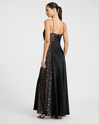 Satin V-Neck Sleeveless Lace Pieced Maxi Slip Dress