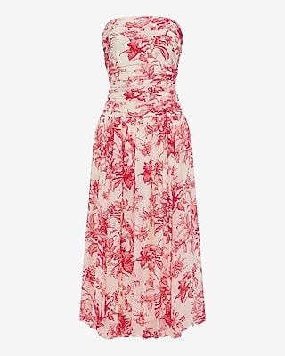 Express Plus Size Women's Floral Strapless Ruched Drop Waist Bubble Hem Maxi Dress With Pockets in Red