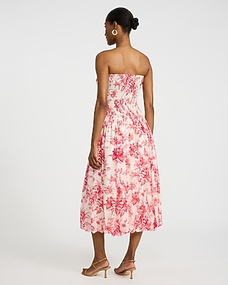 Floral Strapless Ruched Drop Waist Bubble Hem Maxi Dress with Pockets