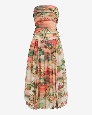 Printed Strapless Drop Waist Bubble Hem Midi Dress with Pockets