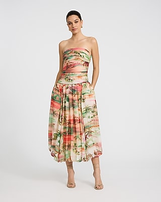 Printed Strapless Drop Waist Bubble Hem Midi Dress with Pockets