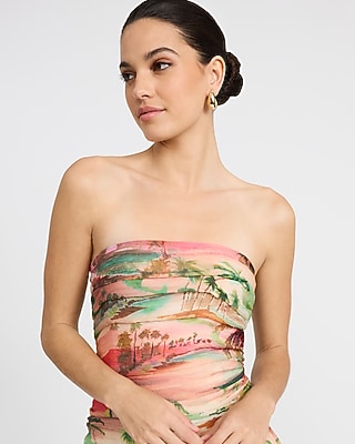 Printed Strapless Drop Waist Bubble Hem Midi Dress with Pockets