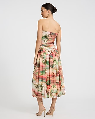 Printed Strapless Drop Waist Bubble Hem Midi Dress with Pockets