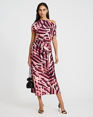 Printed Asymmetrical One Shoulder Ruched Midi Dress