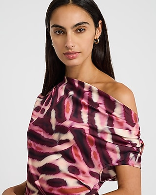 Printed Asymmetrical One Shoulder Ruched Midi Dress