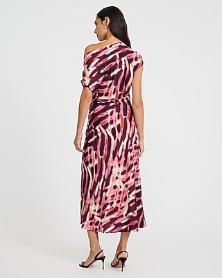 Printed Asymmetrical One Shoulder Ruched Midi Dress