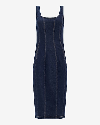 Stretch Denim Scoop Neck Seamed Midi Dress