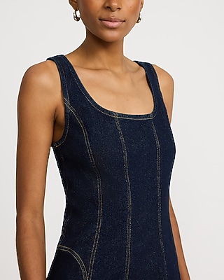 Stretch Denim Scoop Neck Seamed Midi Dress