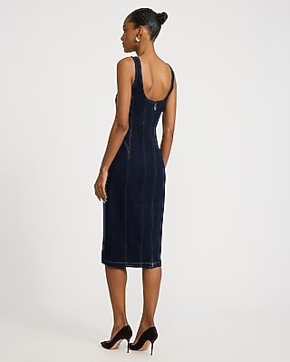 Stretch Denim Scoop Neck Seamed Midi Dress