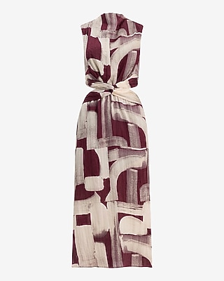 Printed Satin Mock Neck Twist Front Cutout Midi Dress with Pockets