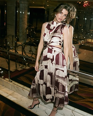 Printed Satin Mock Neck Twist Front Cutout Midi Dress with Pockets