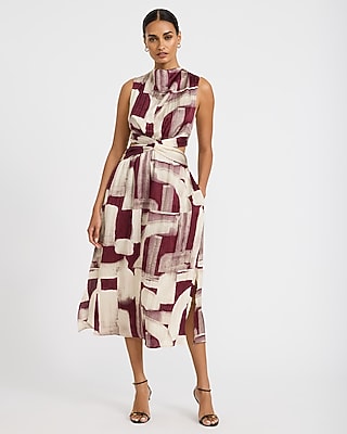 Printed Satin Mock Neck Twist Front Cutout Midi Dress with Pockets