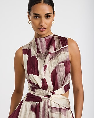 Printed Satin Mock Neck Twist Front Cutout Midi Dress with Pockets