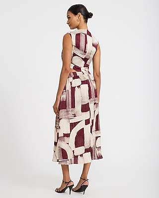 Printed Satin Mock Neck Twist Front Cutout Midi Dress with Pockets