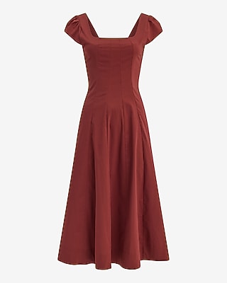 Poplin Square Neck Cap Sleeve Seamed Midi Dress with Pockets