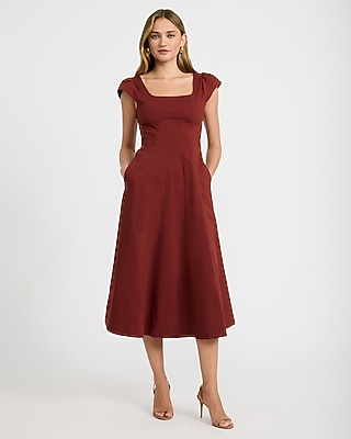 Poplin Square Neck Cap Sleeve Seamed Midi Dress with Pockets