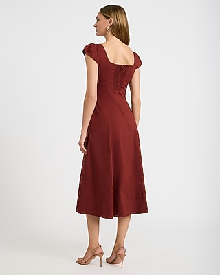 Poplin Square Neck Cap Sleeve Seamed Midi Dress with Pockets