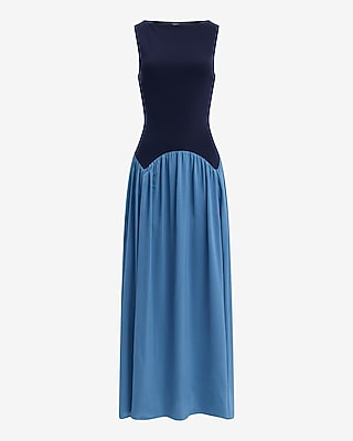 Color Block Boat Neck Drop Waist Maxi Dress With Pockets
