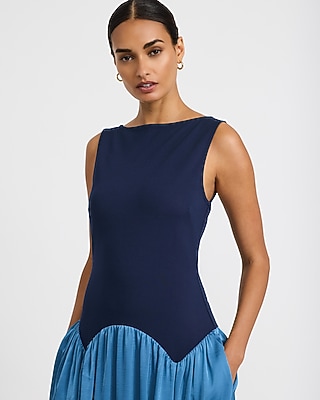 Color Block Boat Neck Drop Waist Maxi Dress with Pockets