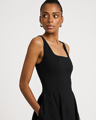 Stretch Cotton Poplin Square Neck Barrel Midi Dress with Pockets