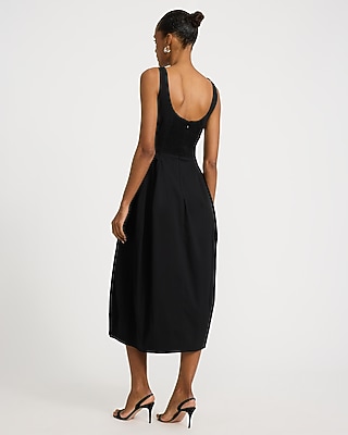 Stretch Cotton Poplin Square Neck Barrel Midi Dress with Pockets