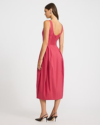 Stretch Cotton Poplin Square Neck Barrel Midi Dress with Pockets
