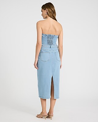 Stretch Denim Strapless Zip Front Smocked Back Midi Dress - image 2