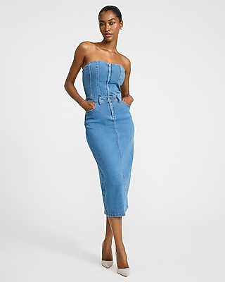denim fitted midi dress Dark Blue Denim Sleeveless Stretch Column Midi Dress