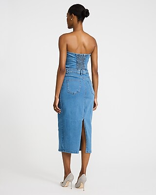 Express Women's Stretch Denim Strapless Zip Front Smocked Midi Dress With Pockets in Blue Medium