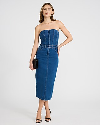 Stretch Denim Strapless Zip Front Smocked Back Midi Dress - image 3