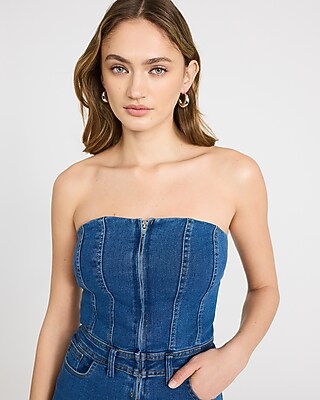 Stretch Denim Strapless Zip Front Smocked Back Midi Dress - image 4