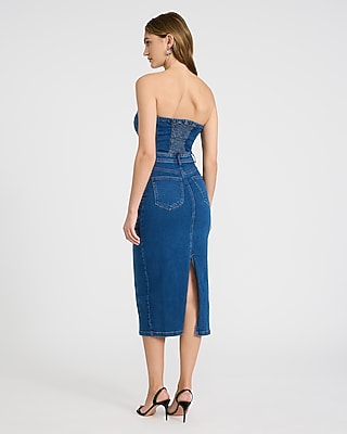 Stretch Denim Strapless Zip Front Smocked Back Midi Dress - image 5