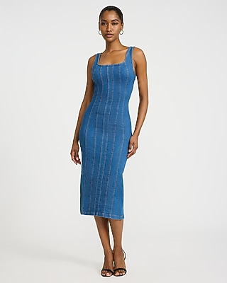 Stretch Denim Scoop Neck Seamed Midi Dress - image 4