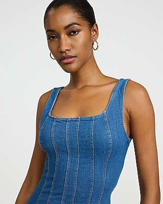 Stretch Denim Scoop Neck Seamed Midi Dress - image 5