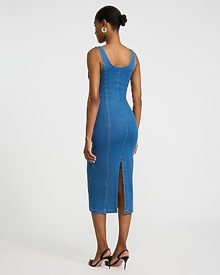 Stretch Denim Scoop Neck Seamed Midi Dress - thumbnail 9