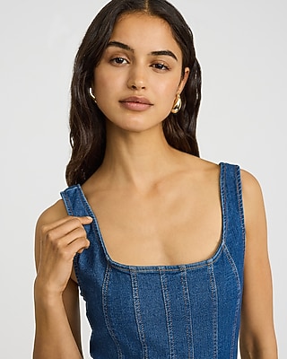 Stretch Denim Scoop Neck Seamed Midi Dress - image 2