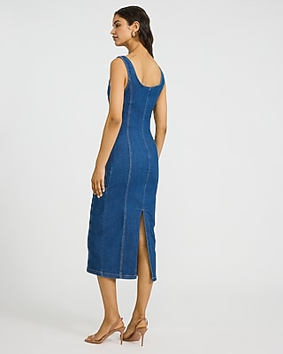 Stretch Denim Scoop Neck Seamed Midi Dress - image 3