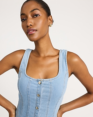 Stretch Denim Scoop Neck Button Front Seamed Midi Dress - image 2