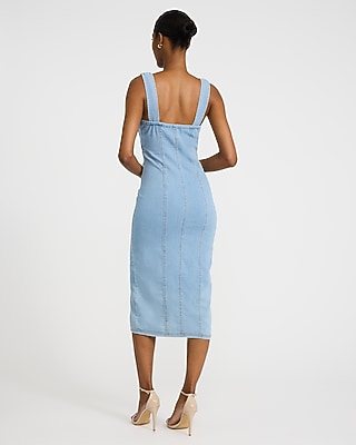 Stretch Denim Scoop Neck Button Front Seamed Midi Dress - image 3